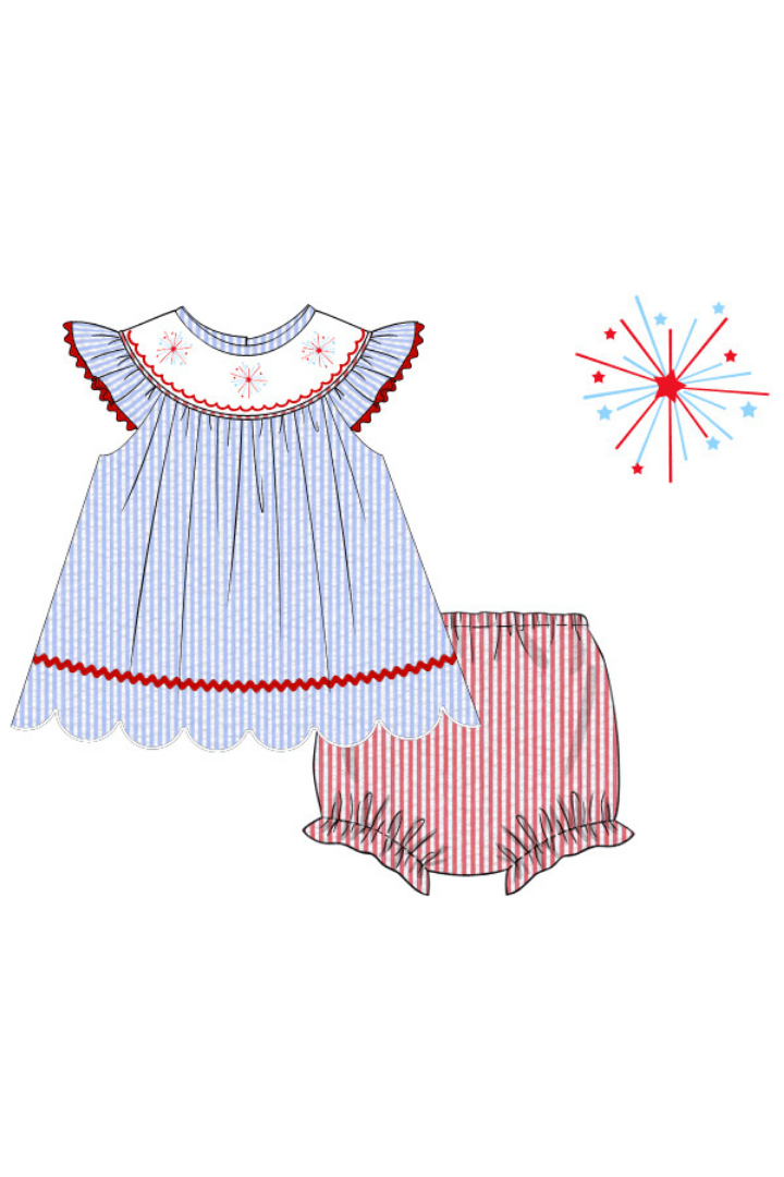 The Smocked Flamingo Pre-Order Smocked Firework Seersucker Bishop Bloomer Set