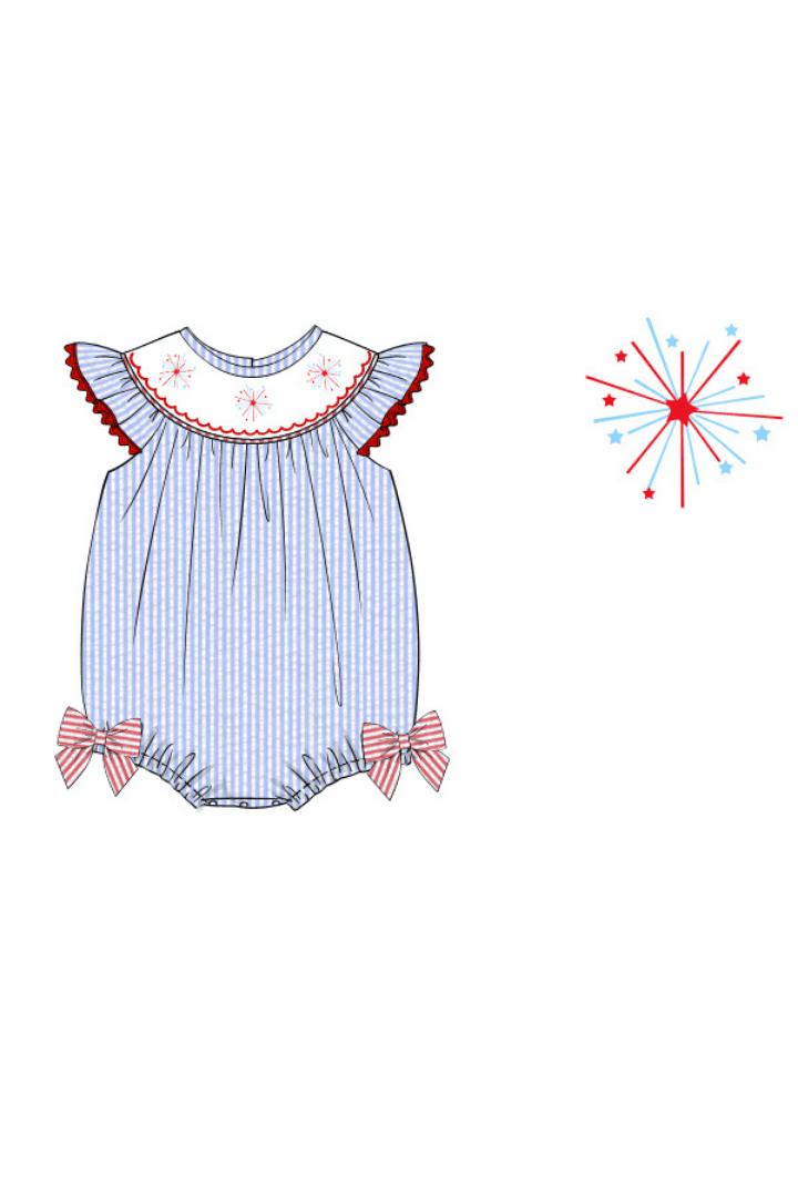 The Smocked Flamingo Pre-Order Smocked Firework Seersucker Bishop Bubble