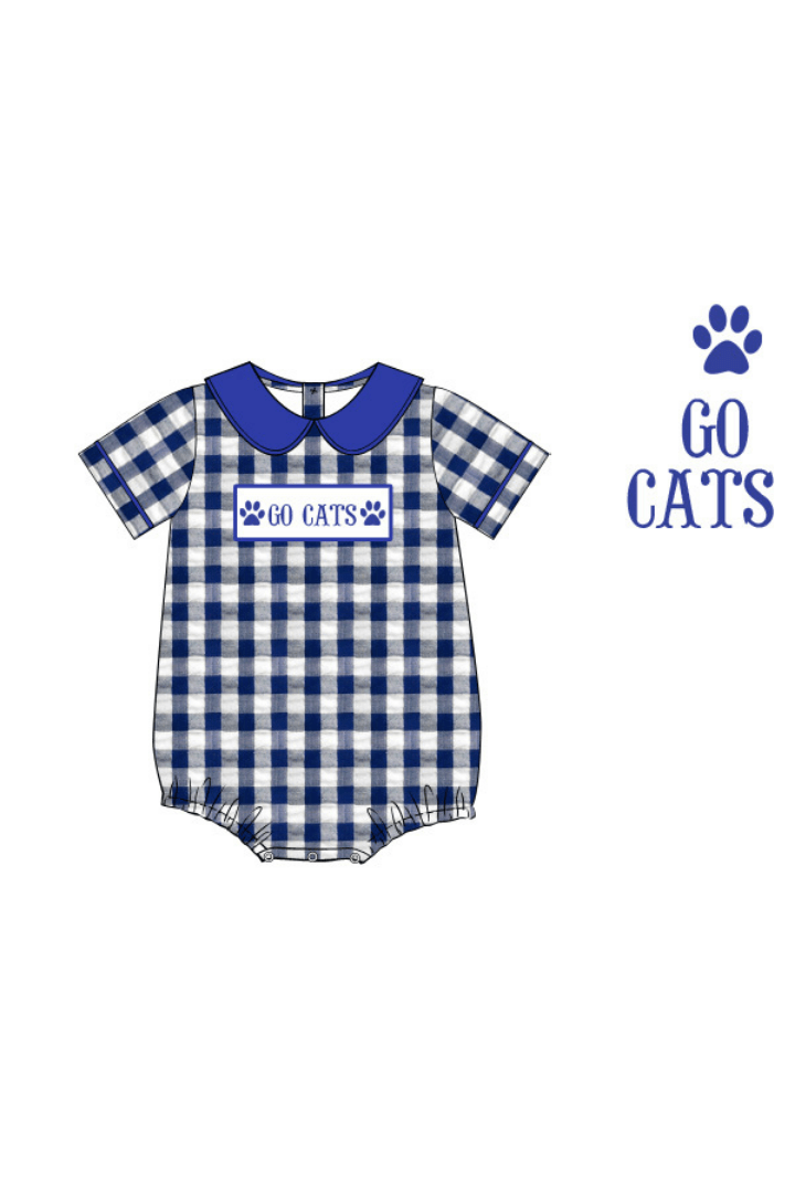 The Smocked Flamingo Pre-Order Smocked Go Cats Blue Gingham Bubble