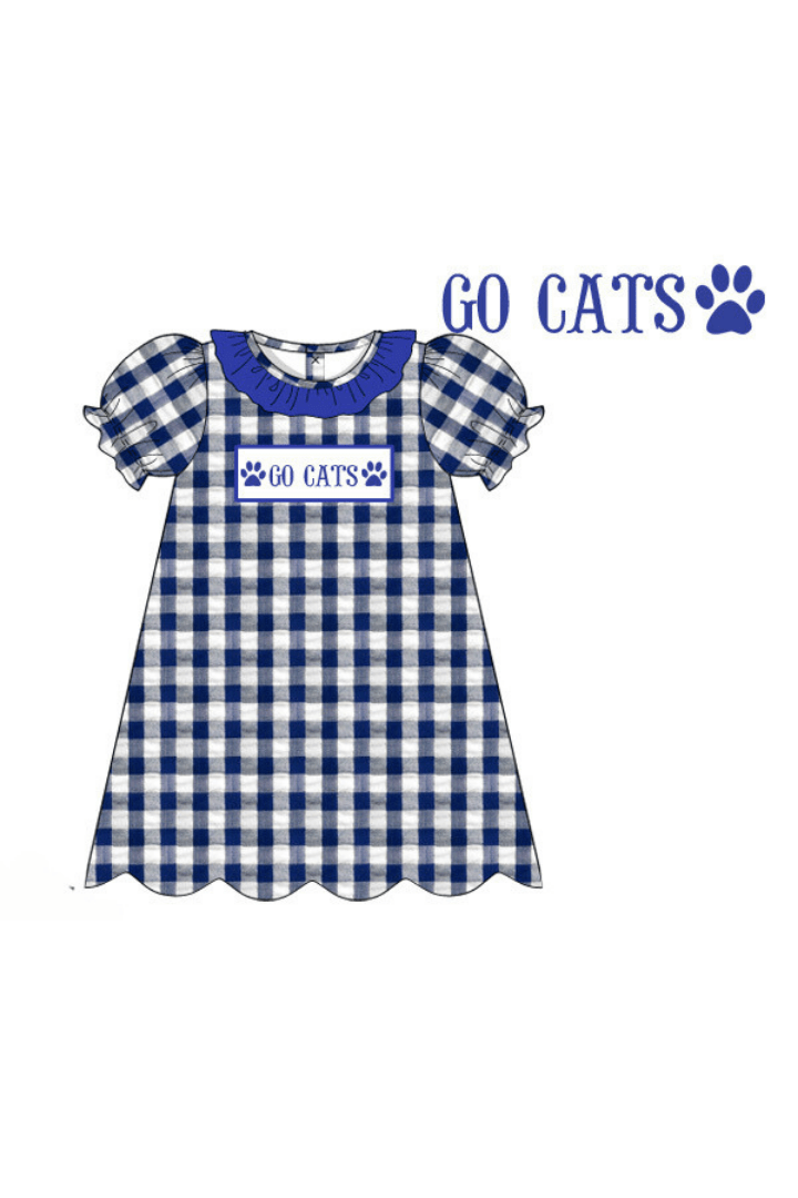 The Smocked Flamingo Pre-Order Smocked Go Cats Blue Gingham Dress