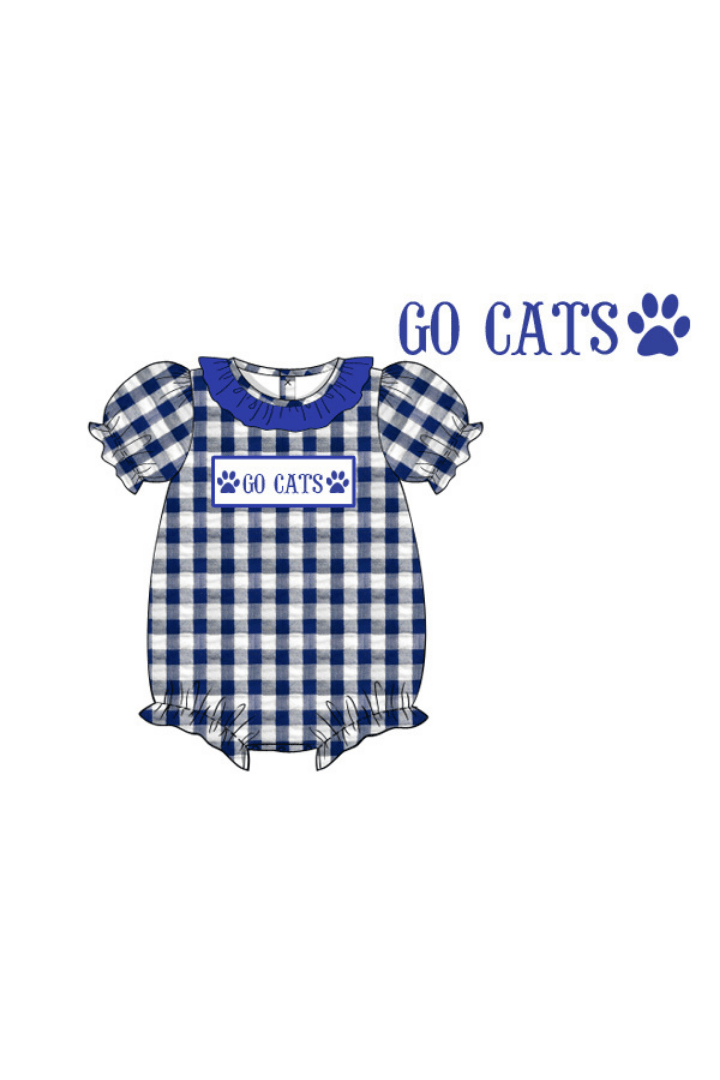 The Smocked Flamingo Pre-Order Smocked Go Cats Blue Ruffle Gingham Bubble