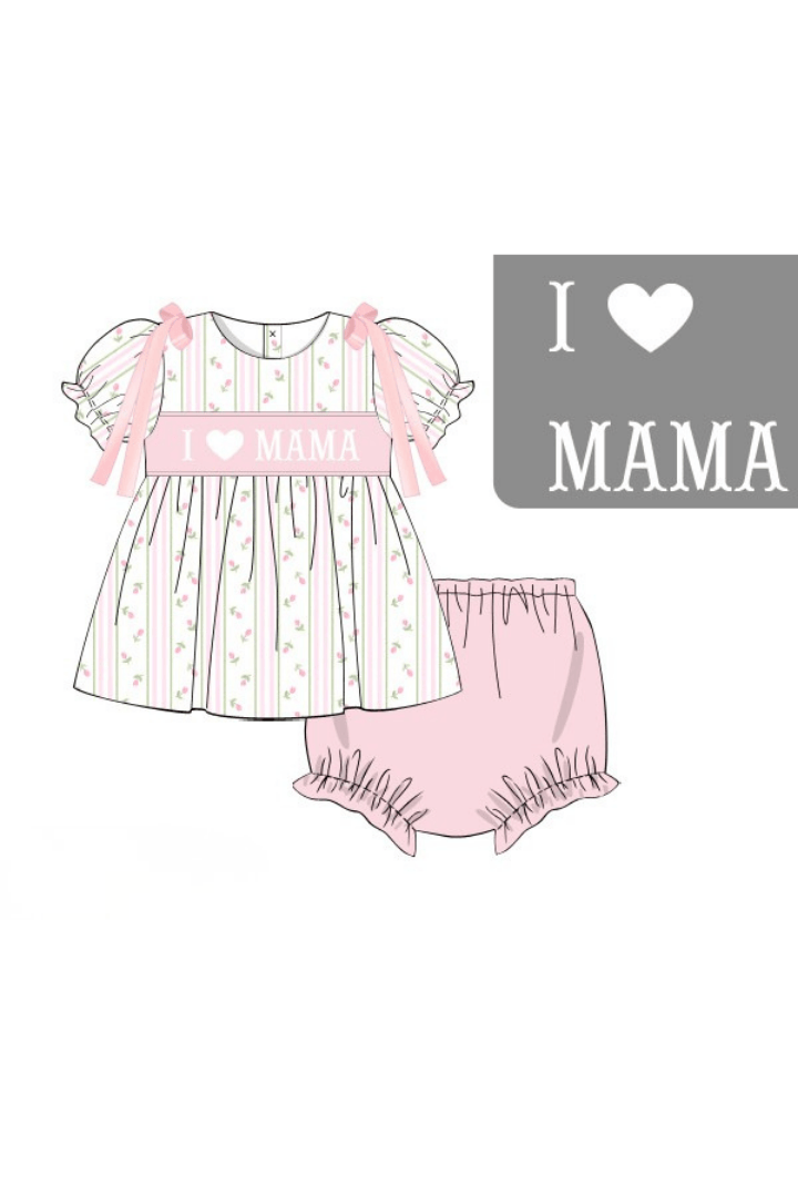 The Smocked Flamingo Pre-Order Smocked I Love Mama Rose Trellis Bow Bloomer Set