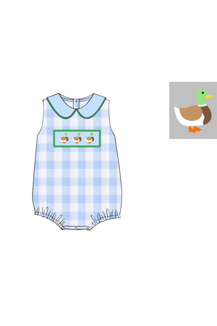 The Smocked Flamingo Pre-Order Smocked Mallard Blue Gingham Knit Bubble