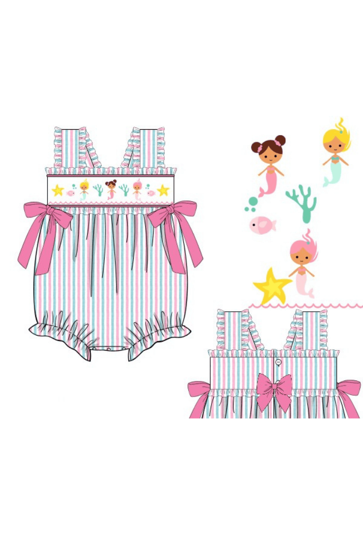 The Smocked Flamingo Pre-Order Smocked Mermaid Pink and Mint Seersucker Bubble
