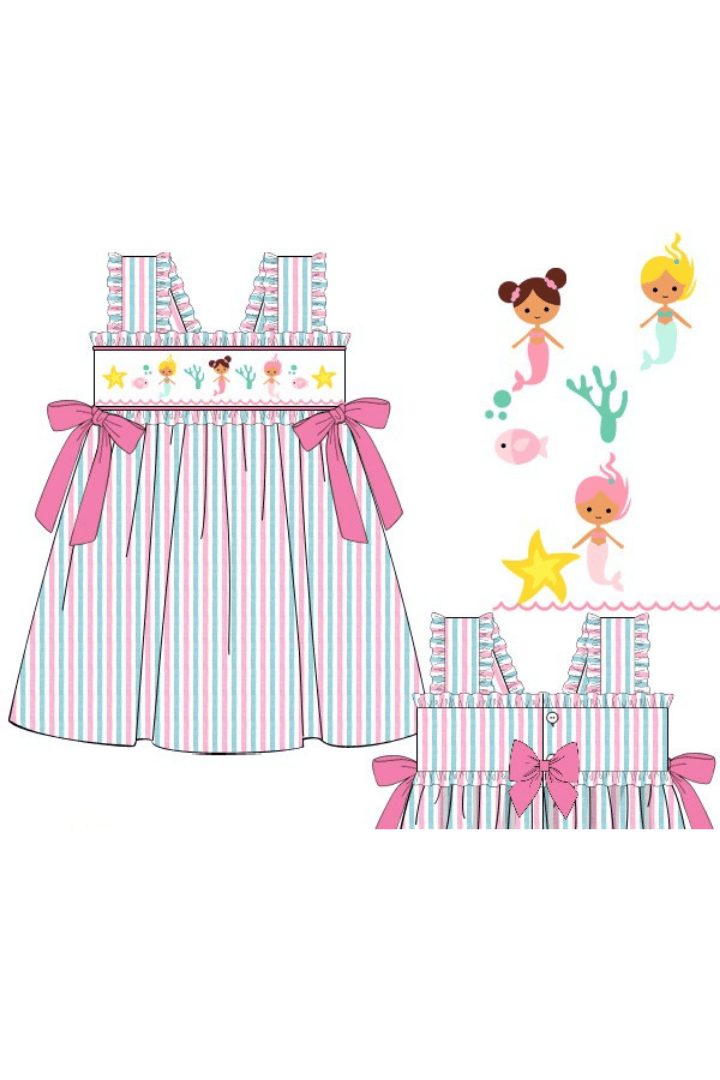 The Smocked Flamingo Pre-Order Smocked Mermaid Pink and Mint Seersucker Dress
