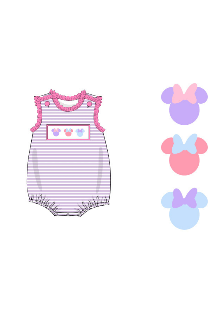 The Smocked Flamingo Pre-Order Smocked Mouse Lavender Stripe Bubble