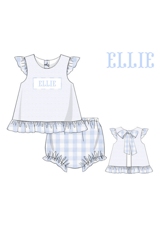 The Smocked Flamingo Pre-Order Smocked Name Swiss Dot Blue Gingham Bow Bloomer Set