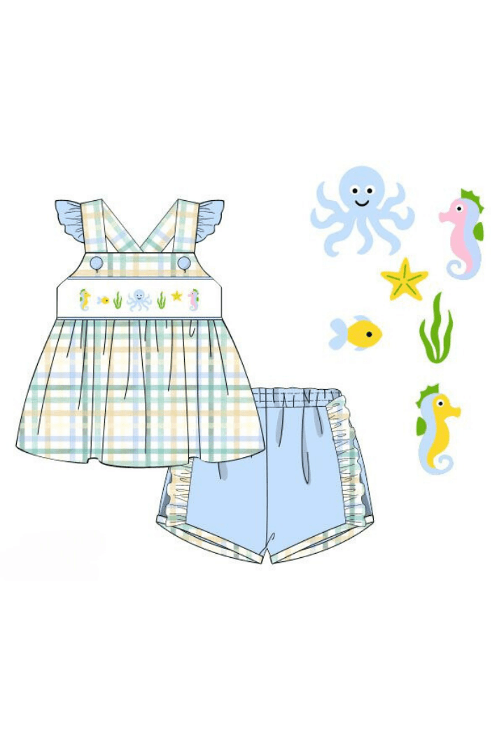 The Smocked Flamingo Pre-Order Smocked Ocean Creature Blue Plaid Ruffle Short Set