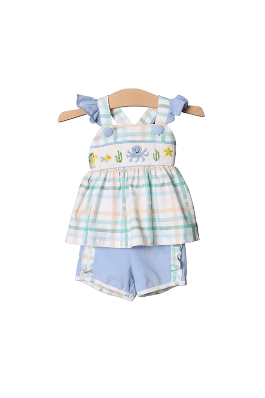 The Smocked Flamingo Pre-Order Smocked Ocean Creature Blue Plaid Ruffle Short Set