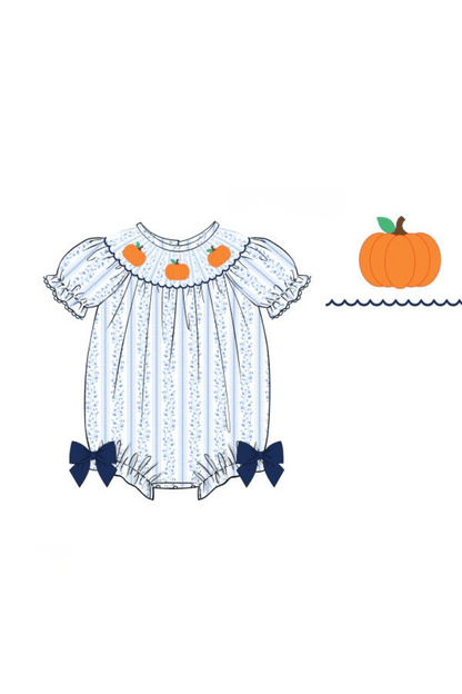 The Smocked Flamingo Pre-Order Smocked Pumpkin Blue Floral Bubble