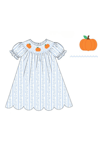 The Smocked Flamingo Pre-Order Smocked Pumpkin Blue Floral Dress