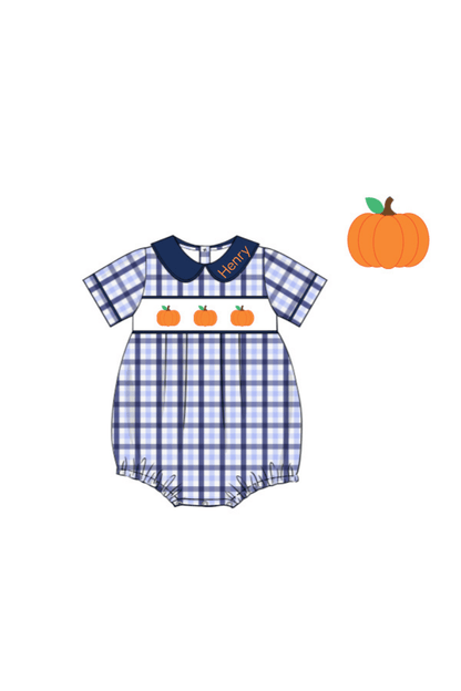 The Smocked Flamingo Pre-Order Smocked Pumpkin Blue Plaid Bubble