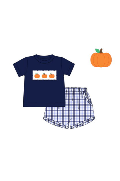 The Smocked Flamingo Pre-Order Smocked Pumpkin Blue Plaid Short Set