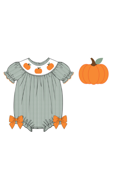 The Smocked Flamingo Pre-Order Smocked Pumpkin Green Gingham Seersucker Bow Bubble