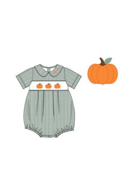 The Smocked Flamingo Pre-Order Smocked Pumpkin Green Gingham Seersucker Bubble