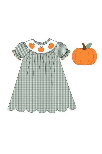 The Smocked Flamingo Pre-Order Smocked Pumpkin Green Gingham Seersucker Dress