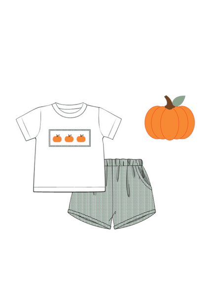 The Smocked Flamingo Pre-Order Smocked Pumpkin Green Gingham Seersucker Short Set