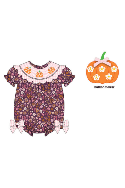 The Smocked Flamingo Pre-Order Smocked Pumpkin Maroon Floral Bubble