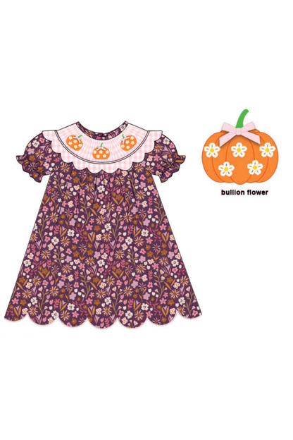 The Smocked Flamingo Pre-Order Smocked Pumpkin Maroon Floral Dress
