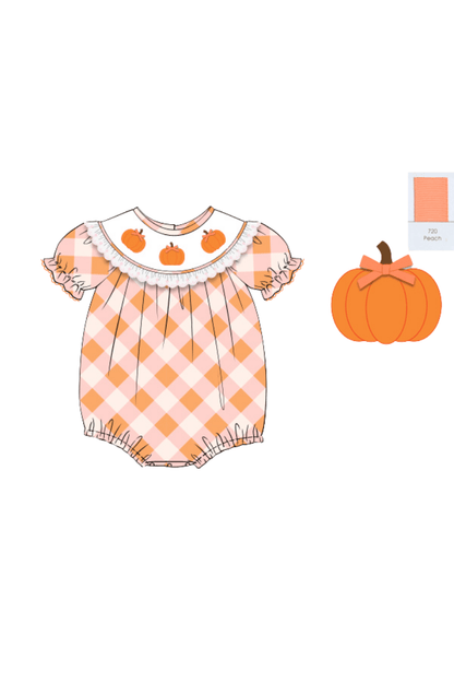 The Smocked Flamingo Pre-Order Smocked Pumpkin Pink and Orange Buffalo Check Bubble