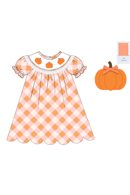 The Smocked Flamingo Pre-Order Smocked Pumpkin Pink and Orange Buffalo Check Dress