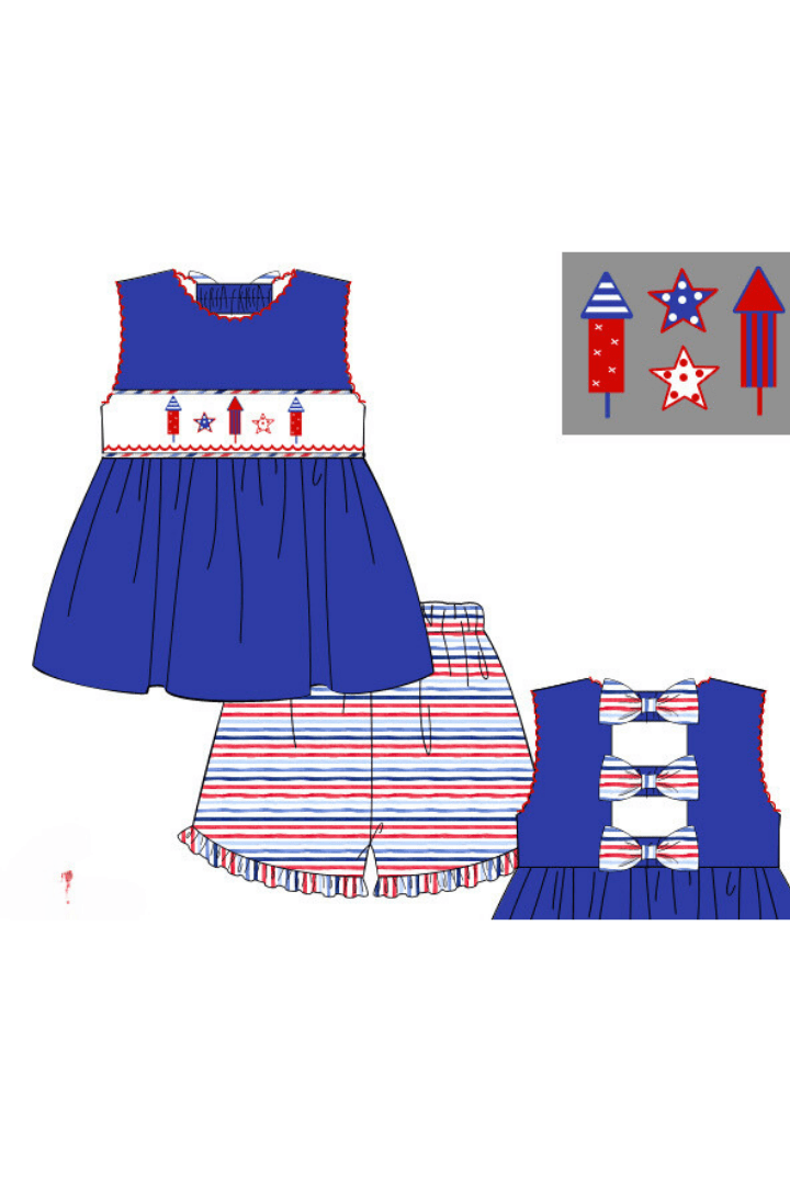 The Smocked Flamingo Pre-Order Smocked Red, White and Boom Bow Short Set