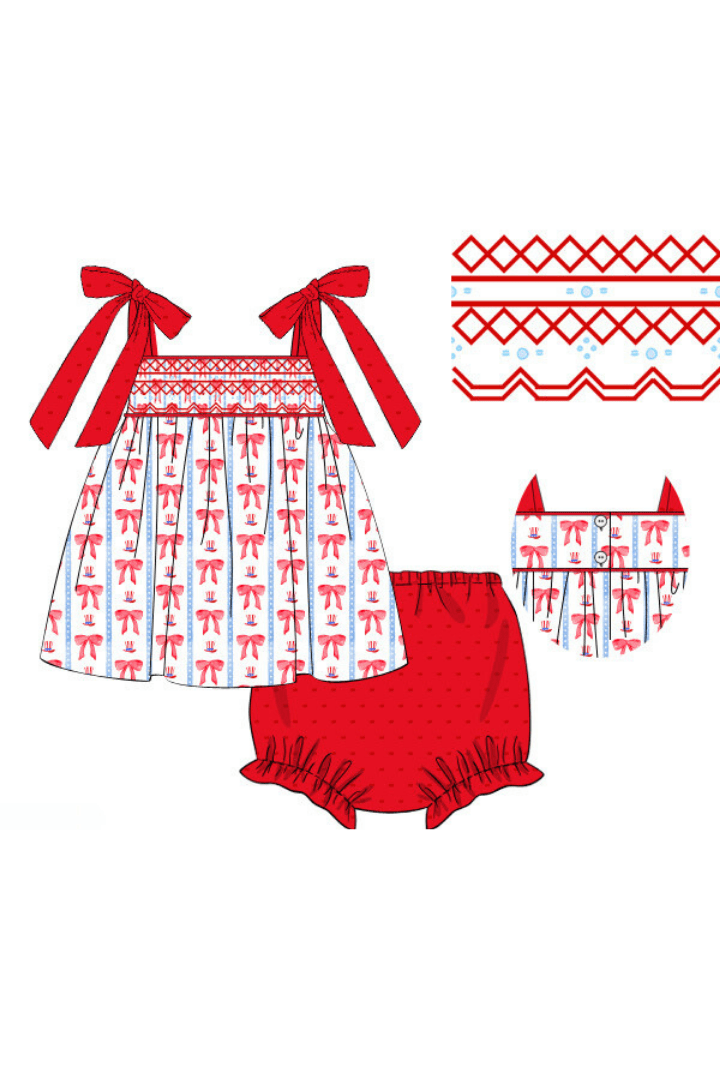 The Smocked Flamingo Pre-Order Smocked Red, White and Bow Heirloom Bloomer Set