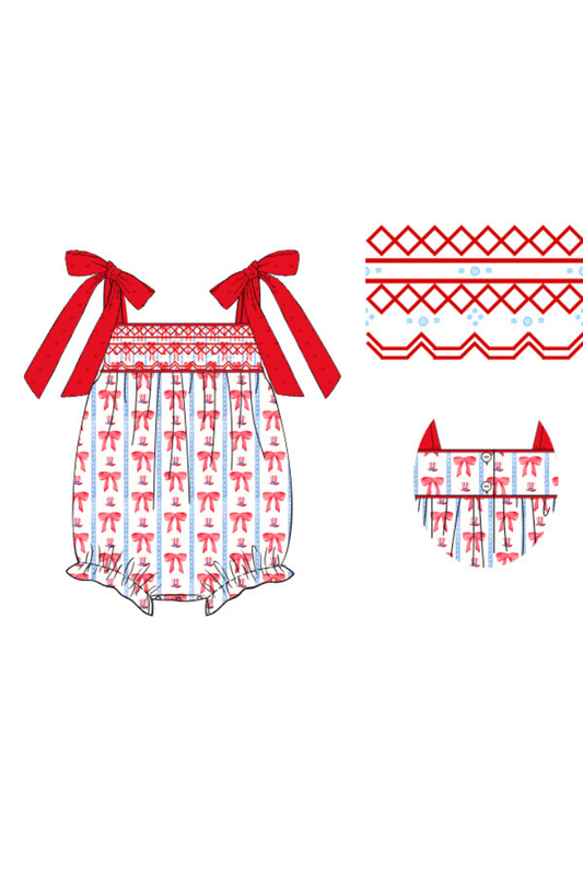 The Smocked Flamingo Pre-Order Smocked Red, White and Bow Heirloom Bubble