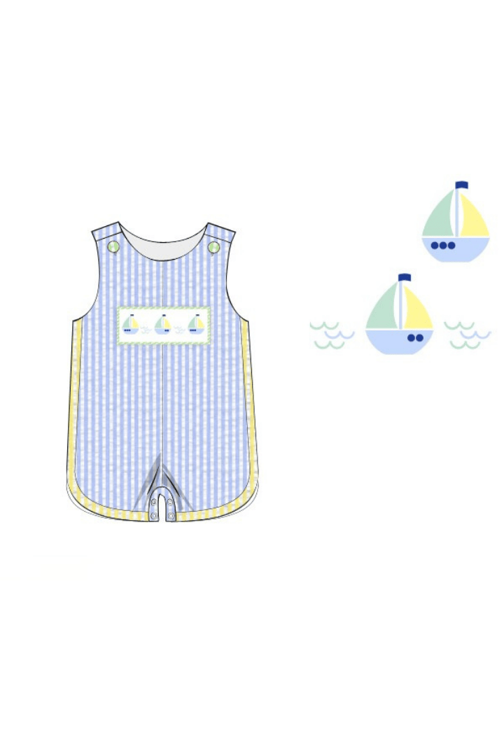 The Smocked Flamingo Pre-Order Smocked Sailboat Blue/Yellow Jon Jon