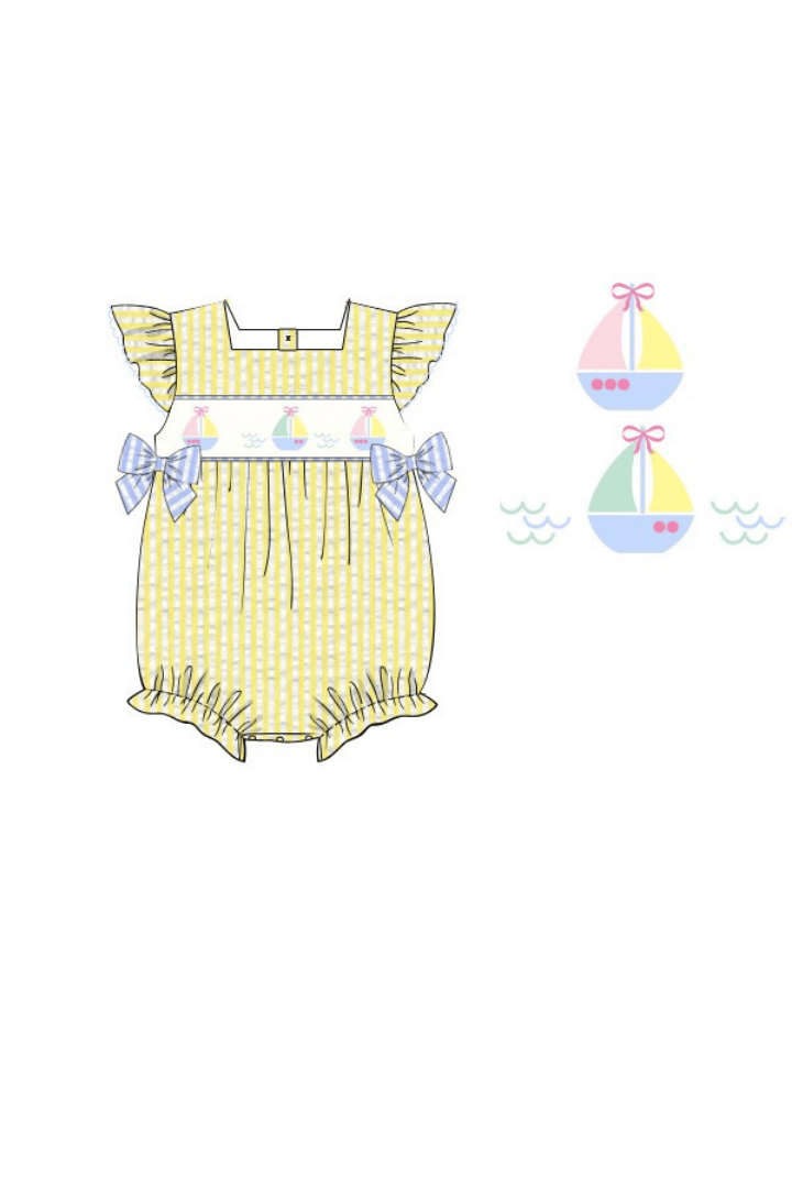 The Smocked Flamingo Pre-Order Smocked Sailboat Blue/Yellow Ruffle Bubble
