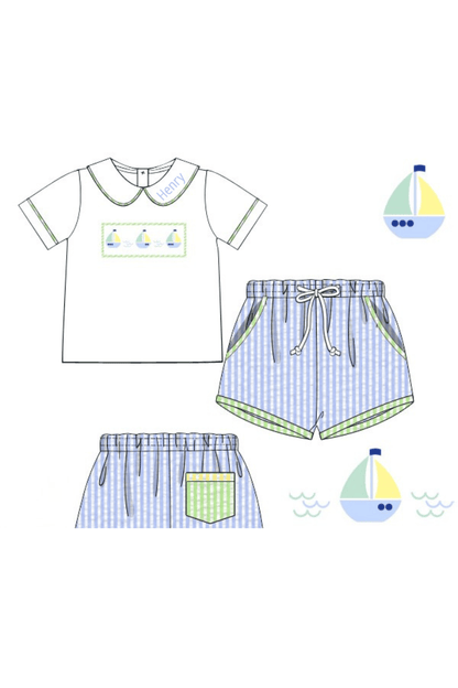 The Smocked Flamingo Pre-Order Smocked Sailboat Blue/Yellow Seersucker Short Set