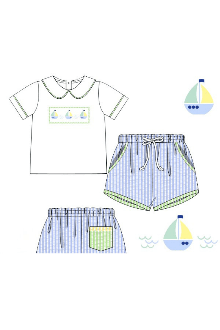 The Smocked Flamingo Pre-Order Smocked Sailboat Blue/Yellow Seersucker Short Set