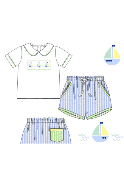 The Smocked Flamingo Pre-Order Smocked Sailboat Blue/Yellow Seersucker Short Set