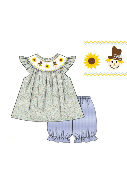 The Smocked Flamingo Pre-Order Smocked Scarecrow and Sunflowers Short Set