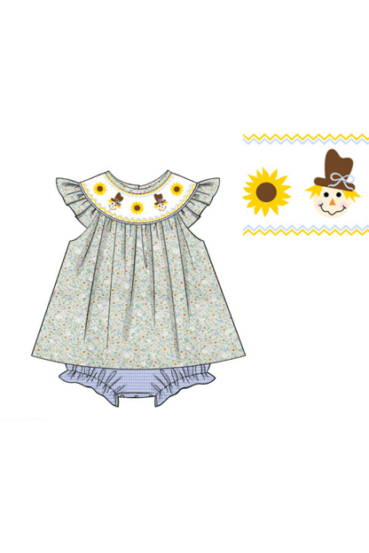 The Smocked Flamingo Pre-Order Smocked Scarecrow and Sunflowers Skirted Bubble