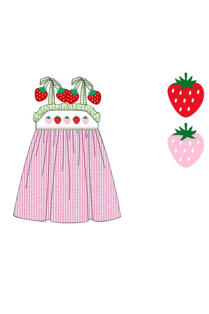 The Smocked Flamingo Pre-Order Smocked Strawberry Pink/Green Seersucker Dress