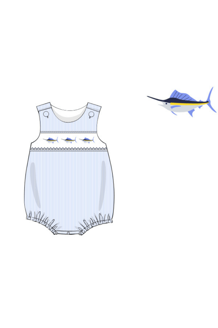 The Smocked Flamingo Pre-Order Smocked Swordfish Blue Stripe Bubble