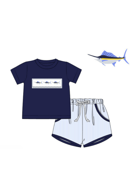 The Smocked Flamingo Pre-Order Smocked Swordfish Blue Stripe Short Set