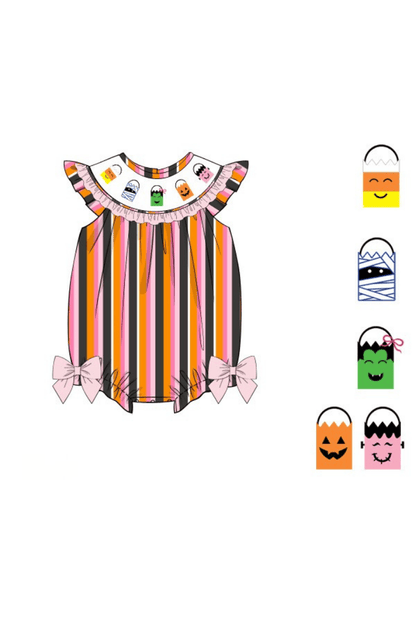 The Smocked Flamingo Pre-Order Smocked Trick or Treat Fun Striped Bubble
