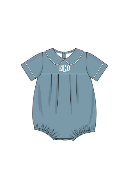 The Smocked Flamingo Pre-Order Stone Blue Muslin Peter Pan Collar Bubble