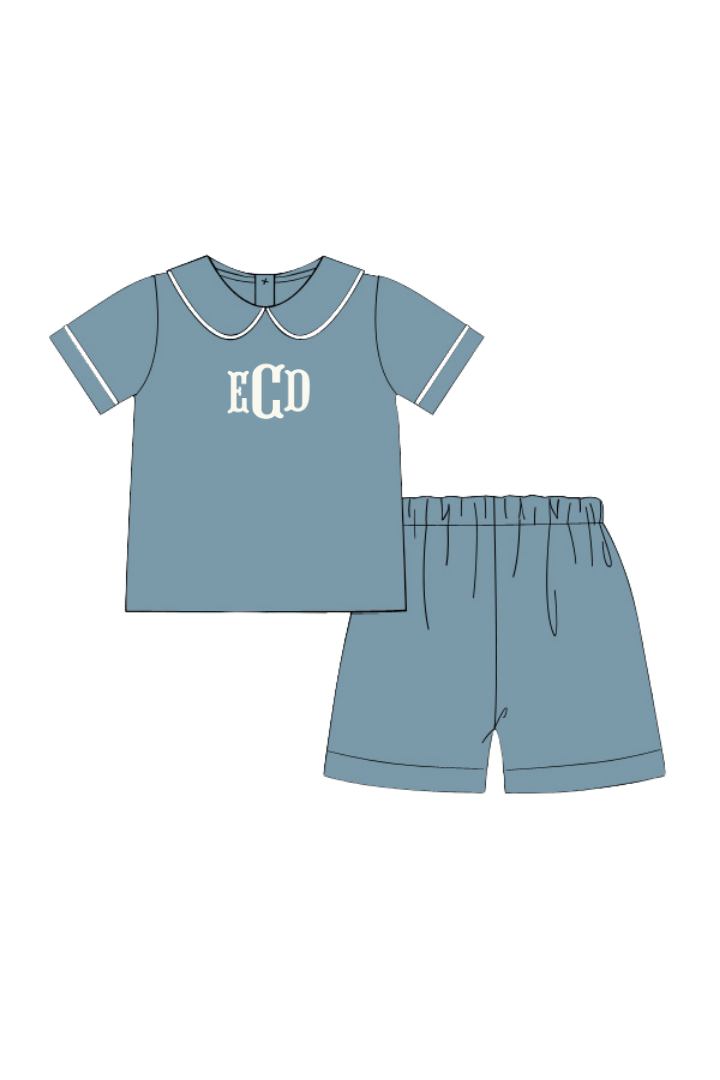 The Smocked Flamingo Pre-Order Stone Blue Muslin Peter Pan Collar Short Set