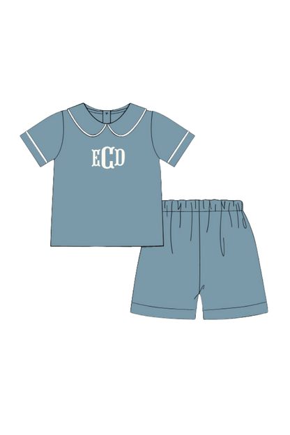 The Smocked Flamingo Pre-Order Stone Blue Muslin Peter Pan Collar Short Set