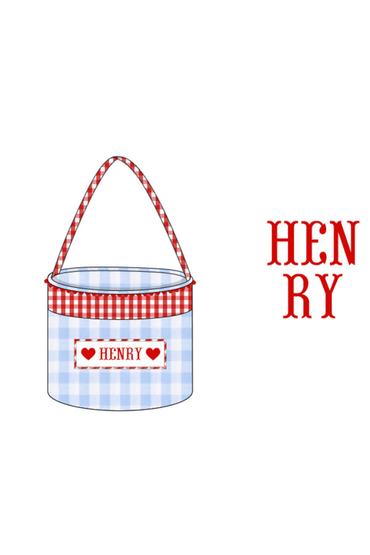 The Smocked Flamingo Red/Blue Gingham Pre-Order Hand Smocked Custom Name Valentine Basket-Blue/Red Gingham