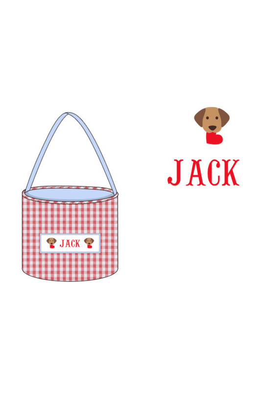 The Smocked Flamingo Red/Blue Gingham Pre-Order Hand Smocked Custom Name Valentine Basket-Puppy