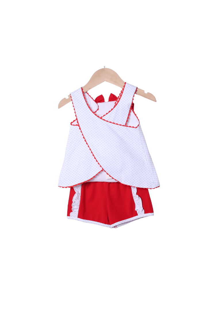 The Smocked Flamingo Red Mouse Applique Bow Short Set