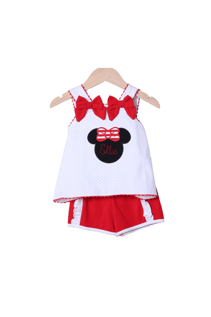 The Smocked Flamingo Red Mouse Applique Bow Short Set