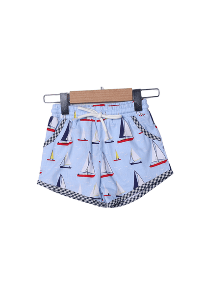 The Smocked Flamingo Sail Away Blue and Red Polo Short Set