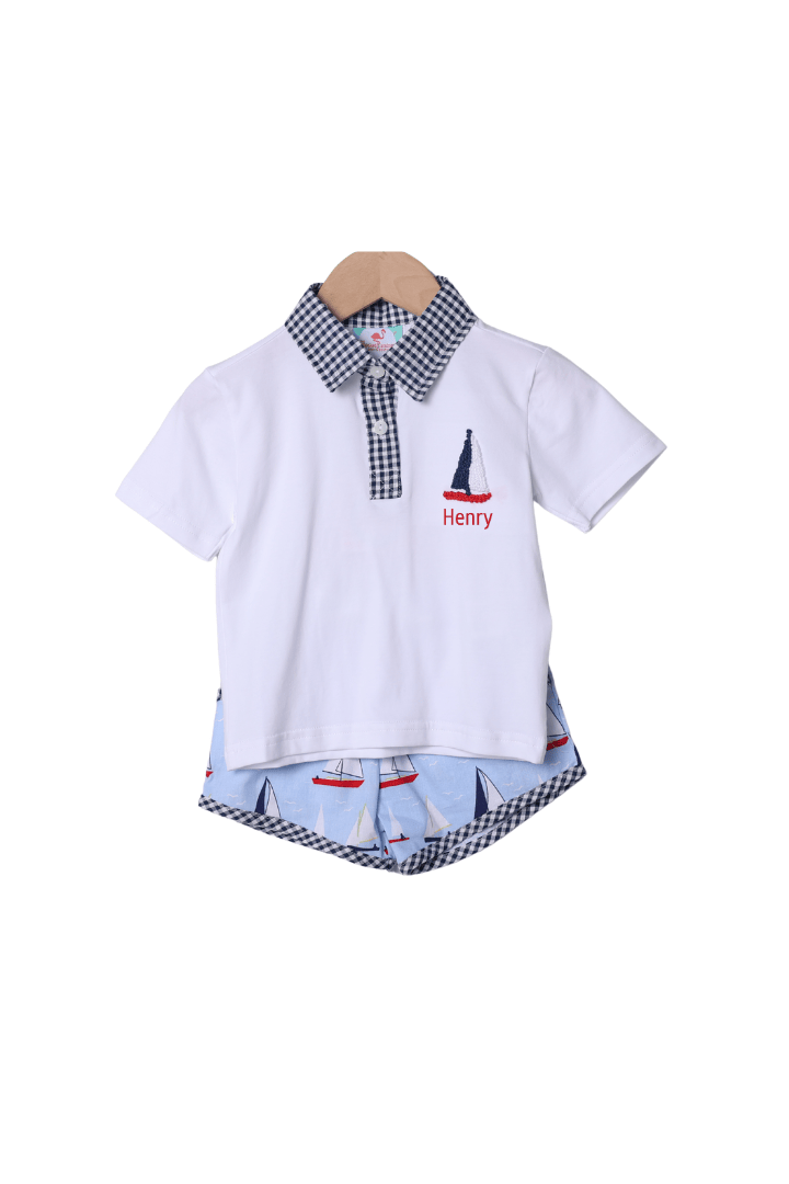 The Smocked Flamingo Sail Away Blue and Red Polo Short Set