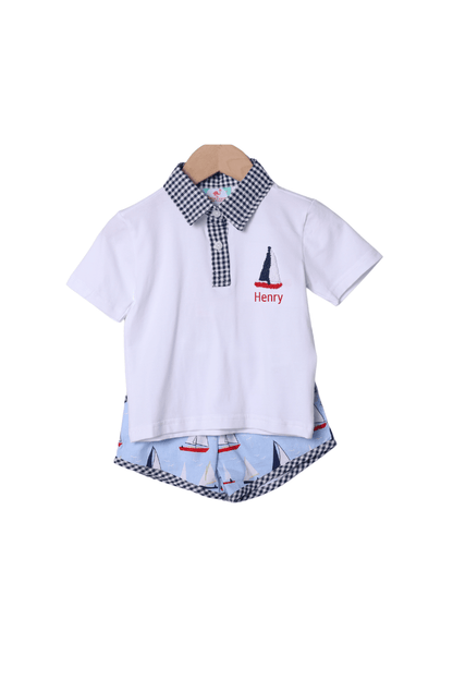 The Smocked Flamingo Sail Away Blue and Red Polo Short Set