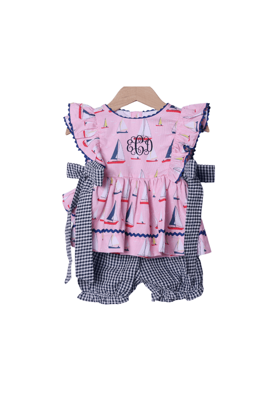 The Smocked Flamingo Sail Away Pink and Blue Skirted Bloomer Set